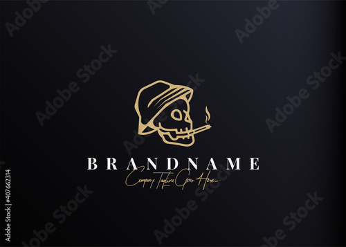 Smoking skull logo design inspiration. Vector illustration of a skull wearing a bucket hat and smoking a cigarette. Modern vintage icon design template with line art style.
