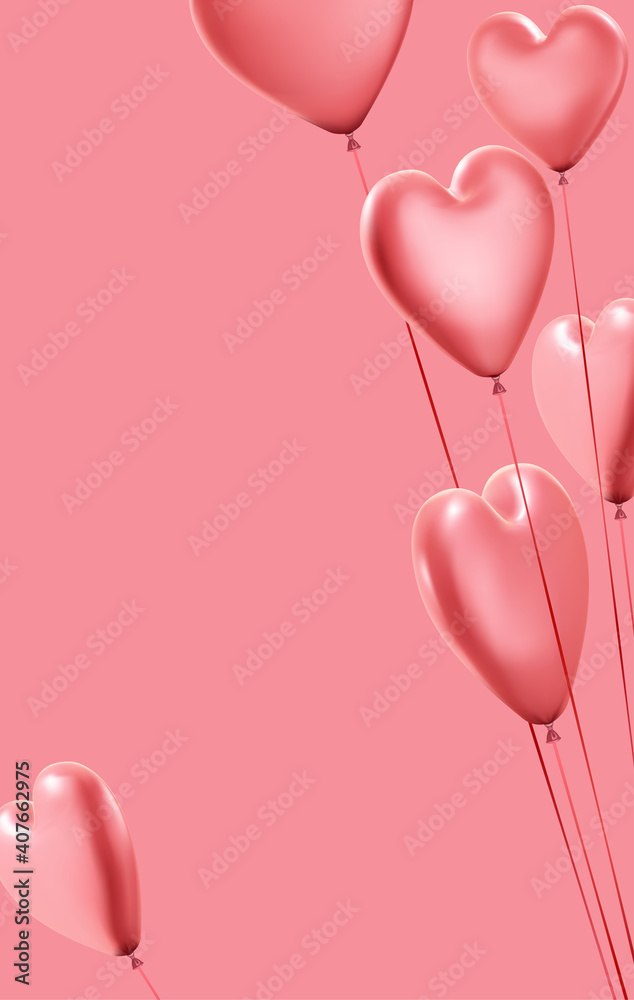Pink background with realistic 3d heart balloons.