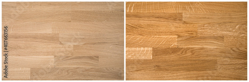 Natural color oak tree wood board kitchen countertop unprocessed before on left and after oiling processed after on right. Home renovation construction business concept.