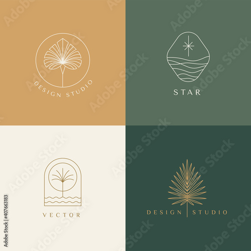 Vector set of linear boho icons and symbols - sun logo design templates - abstract design elements