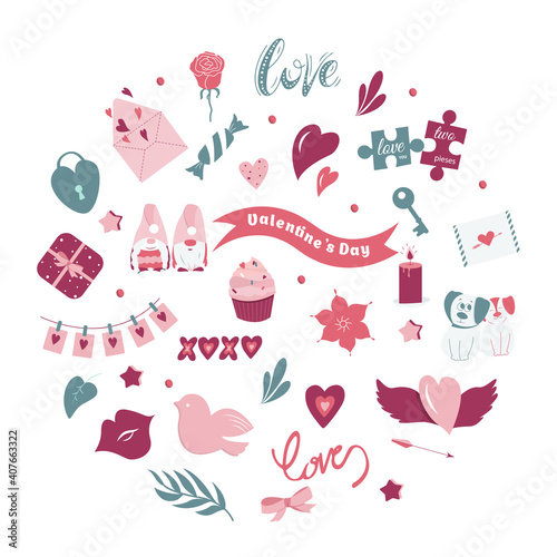 Valentine's day big vector set. Many various romantic objects isolated on background. Vector illustration