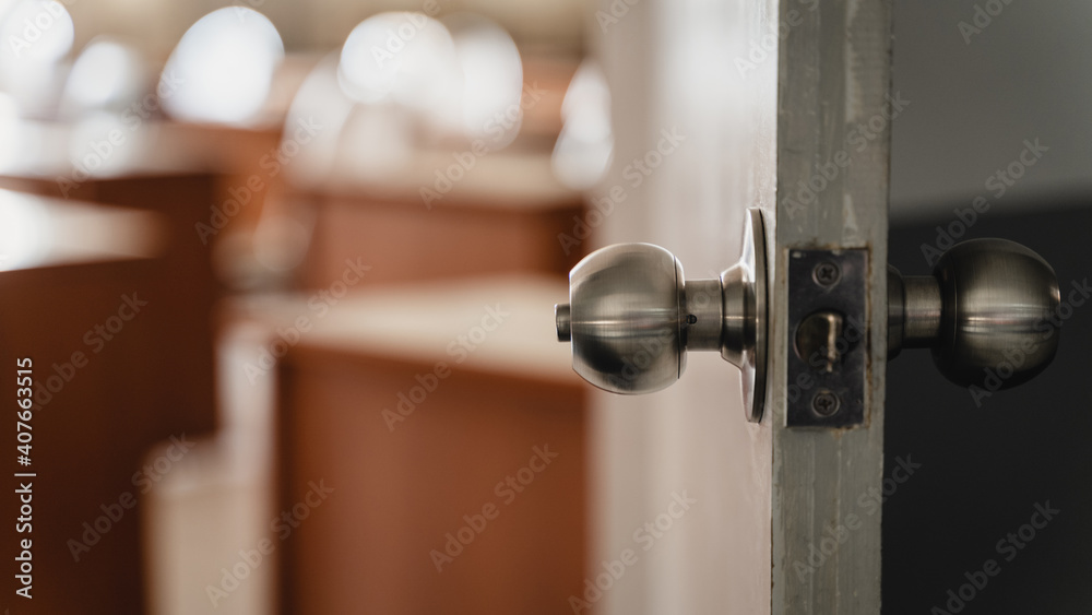 Close-up shot of a dirty doorknob. The doorknob is being found that caused the COVID-19 infection. Close-up shot of a dirty doorknob. The doorknob is being found that caused the COVID-19 infection.