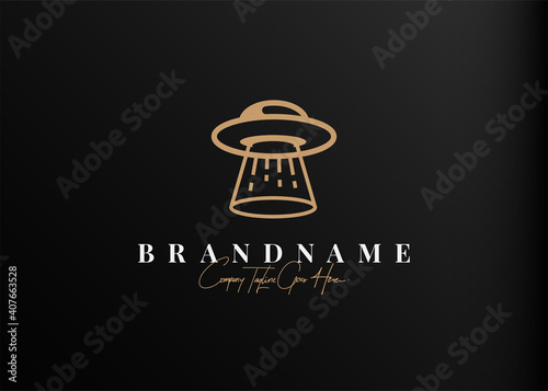 Flying saucer ufo logo design inspiration. Vector illustration of alien invasion spacecraft. Modern vintage icon design template with line art style.