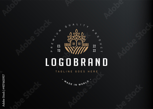 Wheat field house logo design inspiration. Vector illustration of a wheat plant that resembles a house or barn. Modern vintage icon design template with line art style.