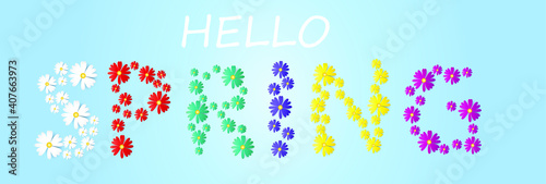 Hello spring. Daisies lettering for greeting card, invitation template, banner, poster.