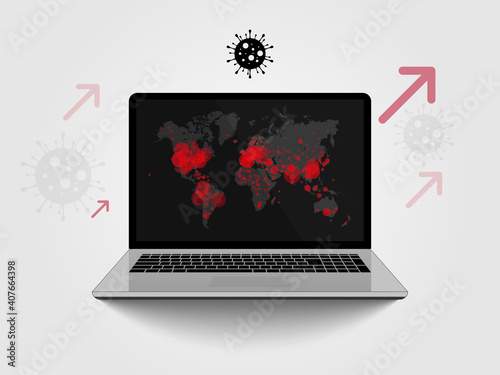 Coronavirus concept. Covid, pandemic or virus infection world map on Notebook Screen. Vector attention and alert illustration