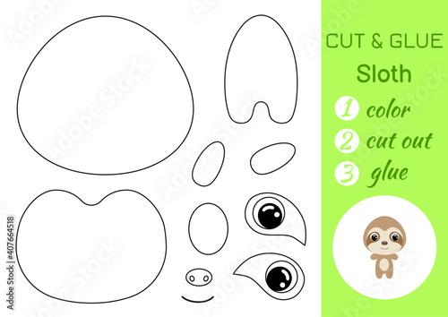 Coloring book cut and glue baby sloth. Educational paper game for preschool children. Cut and Paste Worksheet. Color, cut parts and glue on paper. Vector illustration.