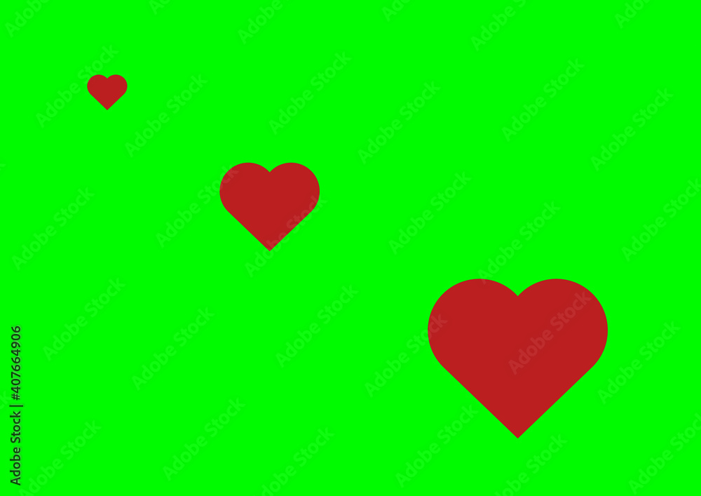 three red hearts of different sizes on a green background