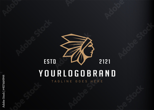 Indian warrior logo design inspiration. Vector illustration of a profile of Native American Indian soldier with war head feather decoration. Modern vintage icon design template with line art style.
