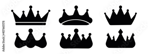 Fototapeta Naklejka Na Ścianę i Meble -  Crown icons. Queen king crowns luxury royal crowning princess tiara heraldic winner award jewel royalty monarch black flat silhouette set. Big Set of vector king crowns icon on white background.