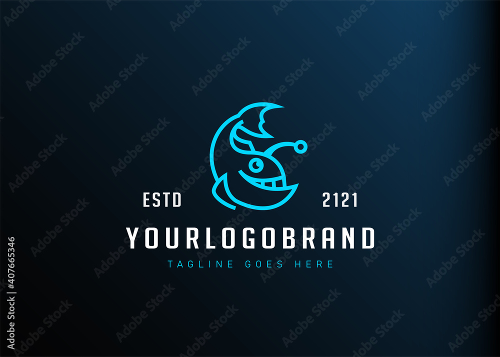 Angler fish logo design inspiration. Vector illustration of a fish having light antennae on its head. Modern vintage icon design template with line art style. Angler fish logo design inspiration. Vector illustration of a fish having light antennae on its head. Modern vintage icon design template with line art style.