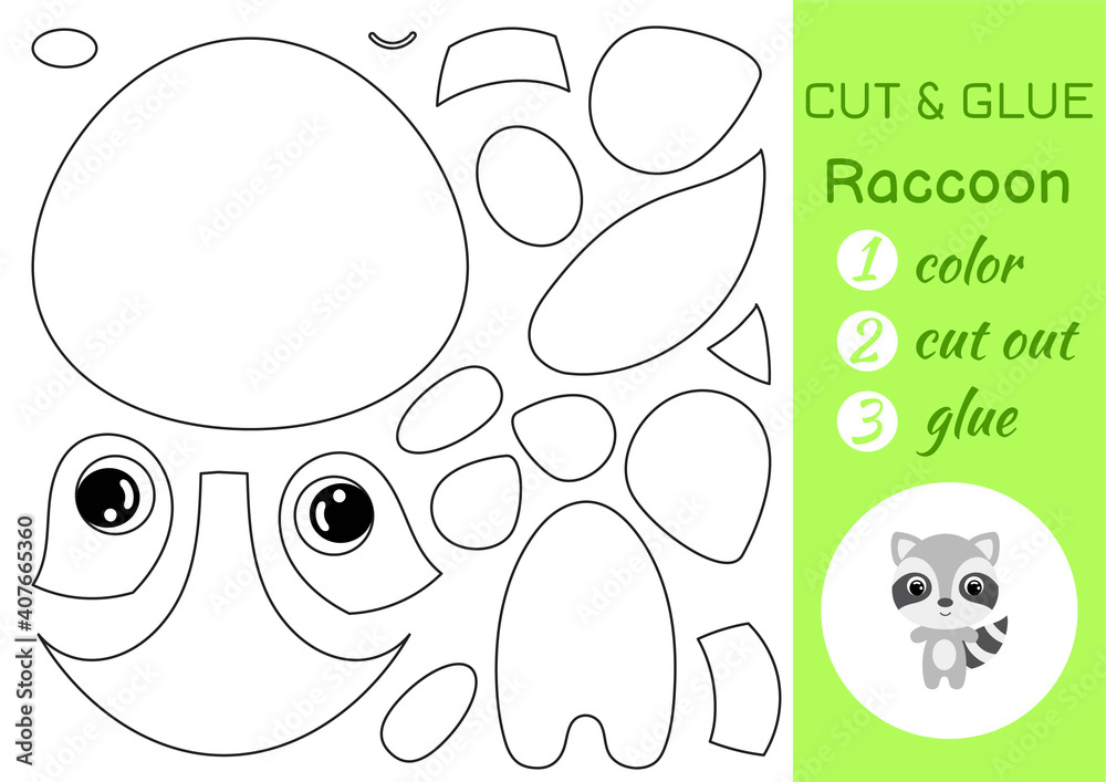 Coloring book cut and glue baby raccoon. Educational paper game for preschool children. Cut and Paste Worksheet. Color, cut parts and glue on paper. Vector illustration. Coloring book cut and glue baby raccoon. Educational paper game for preschool children. Cut and Paste Worksheet. Color, cut parts and glue on paper. Vector illustration.