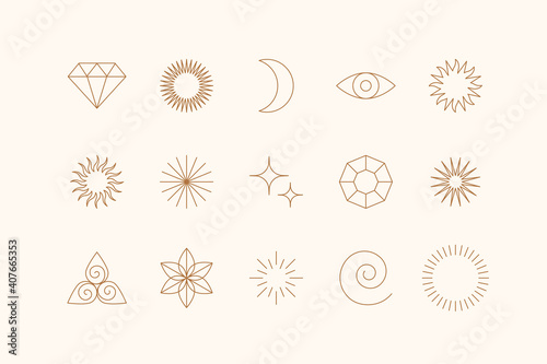 Vector set of linear icons and symbols - stars, moon, sun - abstract design elements for decoration or logo design templates in modern minimalist style
