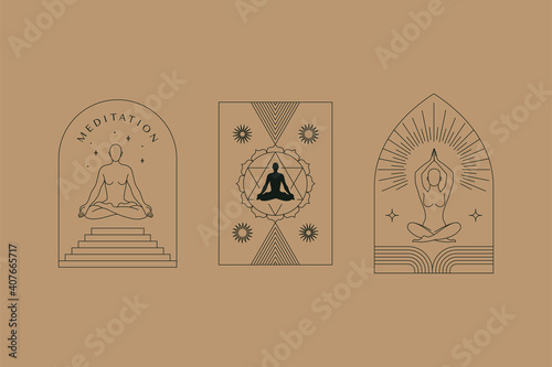 Vector set of linear design elements for logo templates in modern minimalist style with copy space for text with human figures and heads - human spirit and meditation