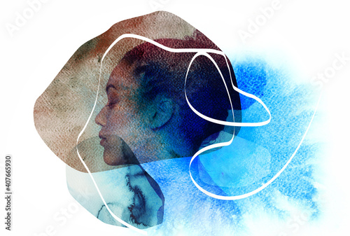 Double exposure of young beautiful african american woman meditates or dreams and original contemporary abstract art
