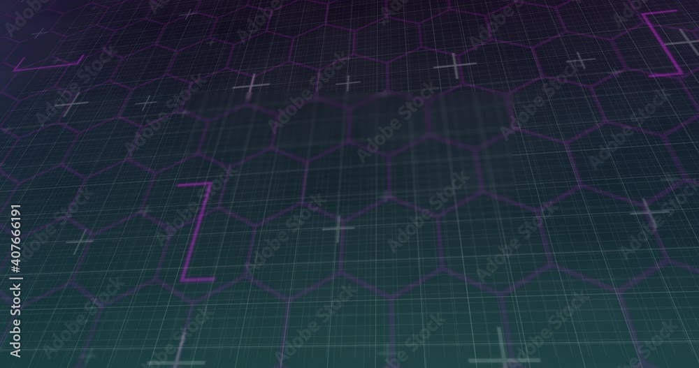 Animation of network of purple hexagons and light trails on black background Animation of network of purple hexagons and light trails on black background