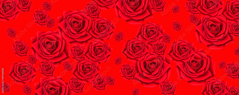 Beautiful red background for postcards and graphic works. Bright roses on a red background. Background, banner, space for text.
