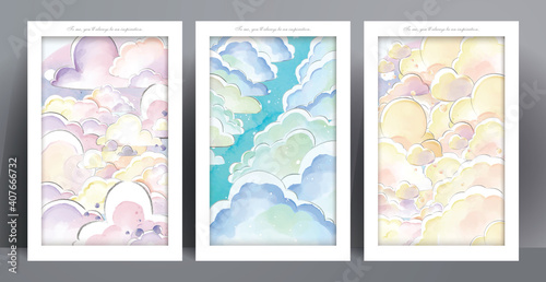 Castle watercolor painting panorama in pastel colors romantic dream world illustration