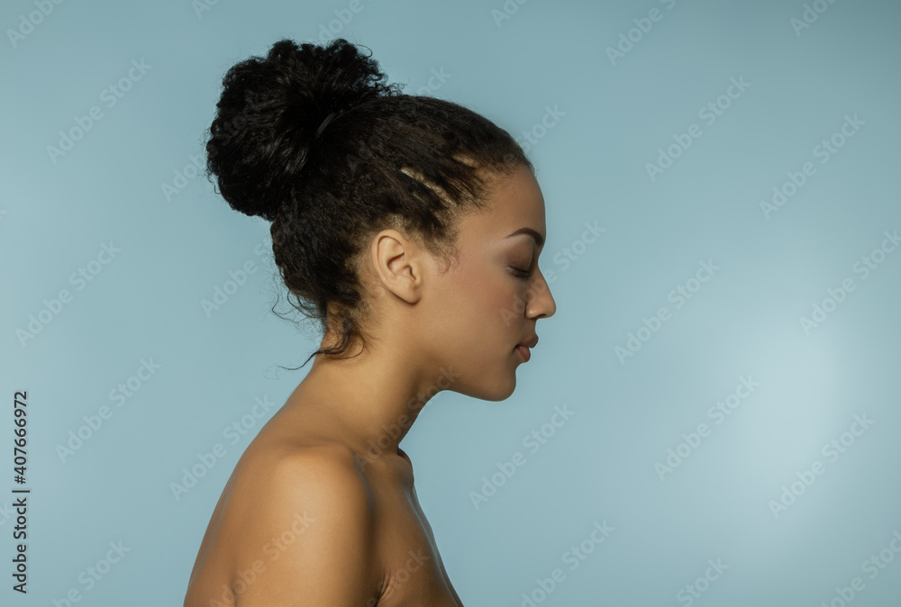 Young beautiful african american woman meditates or dreams, modern art