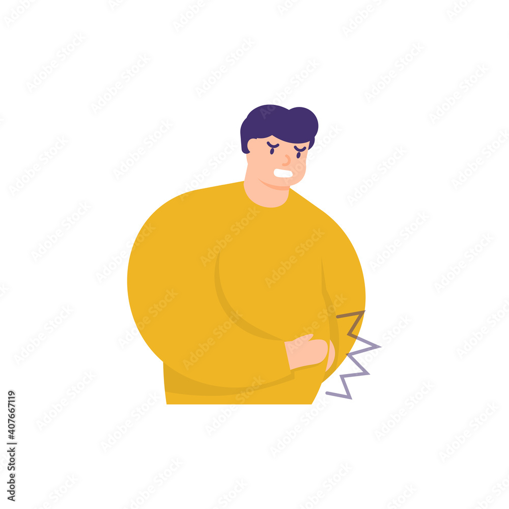 a man is holding his stomach because he has a stomachache or is hungry. overeating, obesity, ulcers. illustration of people not feeling well or sick. not healthy. flat style. vector design element.