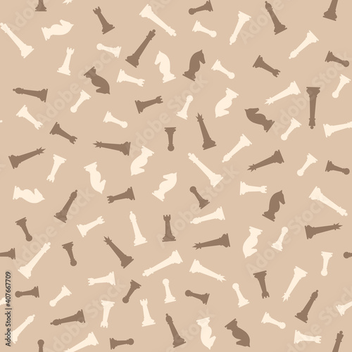 chess pieces are a seamless pattern. Pattern textiles wallpaper wrapping paper. White and black figures in beige tones. Vector illustration in the flat style. Pawn knight King Queen rook Knight Bishop