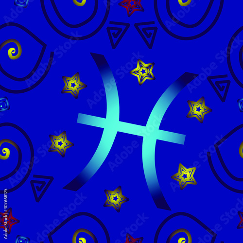 A seamless pattern that can be used to create birthday gift bags for those born in the zodiac sign Pisces. The main color is blue. Stylized Pisces, Starfishes And Zodiac Sign.