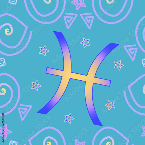 A seamless pattern that can be used to create birthday gift bags for those born in the zodiac sign Pisces. The main color is light blue. Stylized Pisces, Starfishes And Zodiac Sign.
