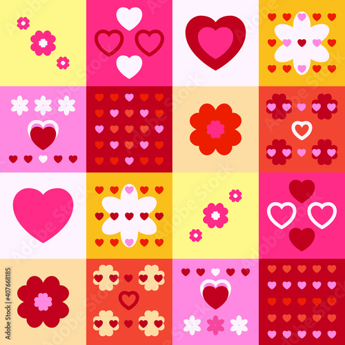 Bright colorful pattern of hearts and flowers. Perfect for Valentine's Day gifts. Red, pink, white and yellow pictures in square areas.