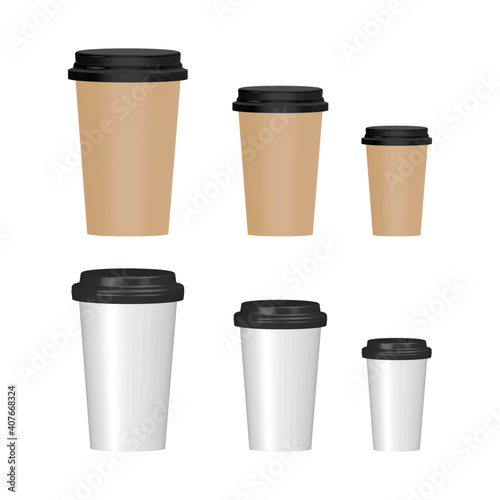 Coffee cup 3D icons set. Paper or plastic mockup glass. Different size cups collection. Vector illustration isolated on white.