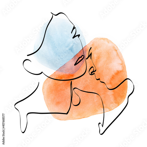 Two faces drawing with lines over abstract watercolor background, fashion and beauty concept, minimalist, vector illustration for t-shirt, print design, covers, web