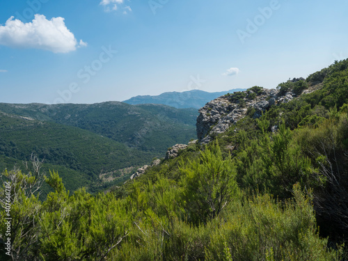 Overview of the National Park of Barbagia with limestone rocks and green forest hill, mountain. Central Sardinia, Italy, summer day