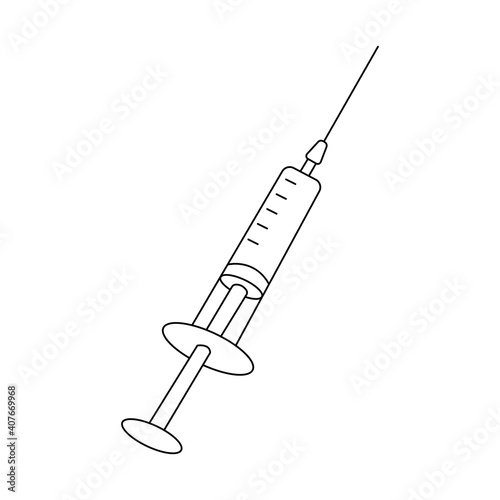Hand drawn element, vector illustration in black color isolated on white background. Syringe, doodle.