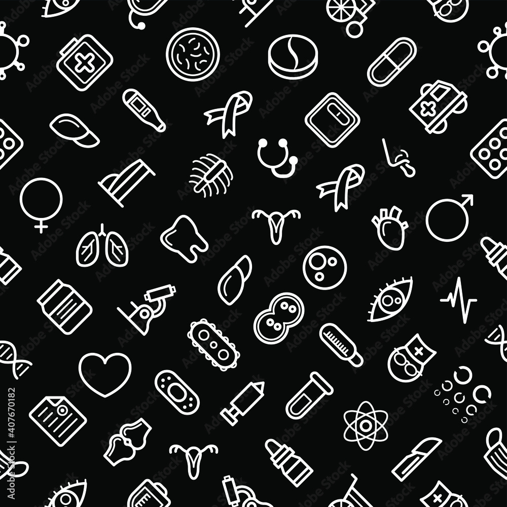 Seamless Pattern Abstract Doodle Elements Hand Drawn Collection Medicine Vector Design Style Background Medic Syringe Tablet Heart Illustration Cartoon Icons