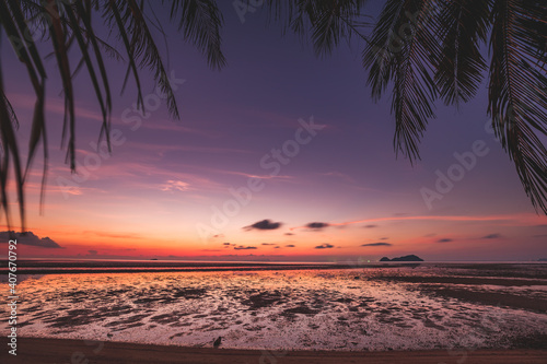 Silhouette Thailand sunset beach: palm tree leaves and small isle at dark ocean bay water in romantic tones. Sand coast at sea gulf of asian resort. Majestic Thai landscape at summer sun set sky
