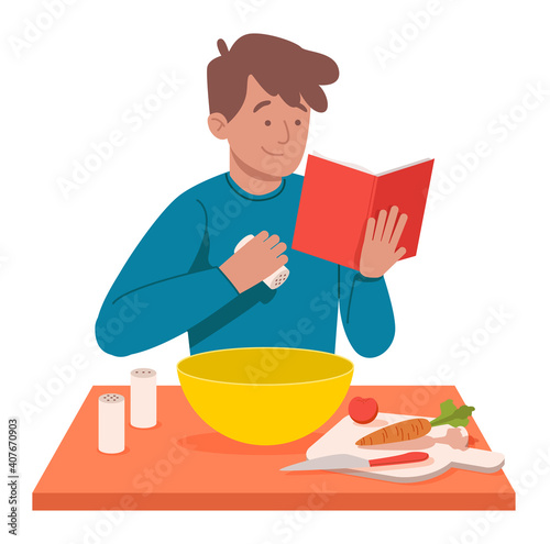Man cooking reading a book of recipes. Flat design illustration. Vector