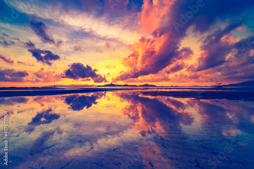 Thailand sunrise silhouette aerial: ocean gulf waterfront with sky reflection. Asian island scenic sun rise with boat on water surface. Amazing nobody nature landscape in cinematic sort shot