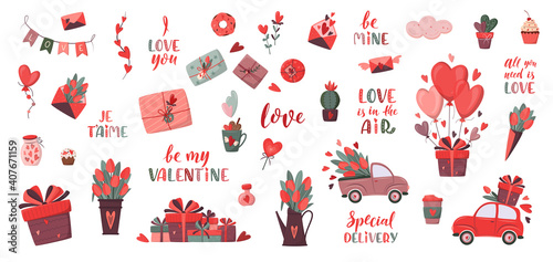 Huge set of romantic elements. Valentine's day, birthday or wedding concept. Love, Romantic vector illustration in flat cartoon style. For card, flyer, banner, invitation, gift certificate
