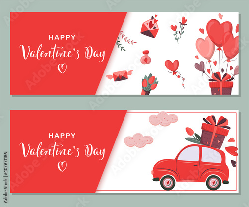 Set of romantic template of horizontal banner for Valentines Day. Cute retro car delivering gift and flower. Special delivery. Holiday background for discount, special offers. Vector love concept