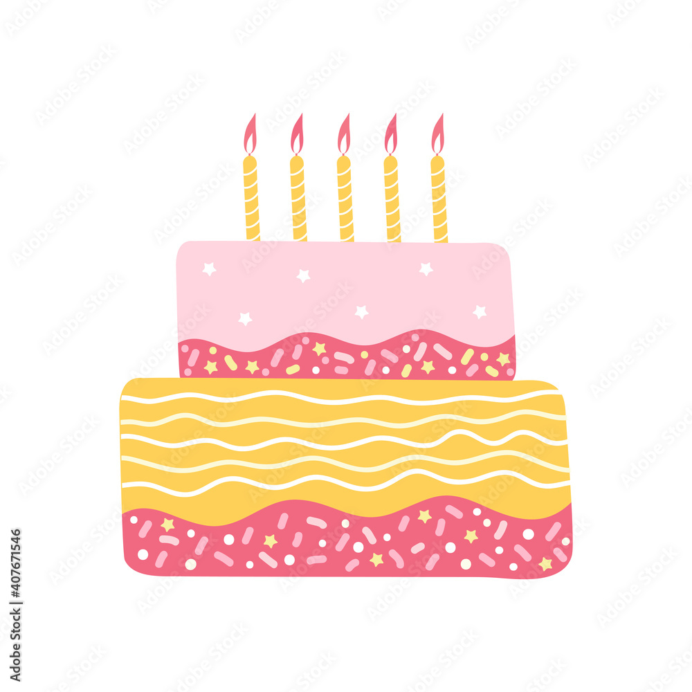 Happy holiday cream cake with two tiers. Decorated birthday cake with burning candles isolated on a white background. Logo for a bakery or pastry shop. Festive sweets. Hand drawn vector illustration. Happy holiday cream cake with two tiers. Decorated birthday cake with burning candles isolated on a white background. Logo for a bakery or pastry shop. Festive sweets. Hand drawn vector illustration.