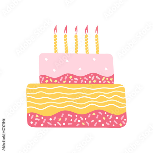 Happy holiday cream cake with two tiers. Decorated birthday cake with burning candles isolated on a white background. Logo for a bakery or pastry shop. Festive sweets. Hand drawn vector illustration.
