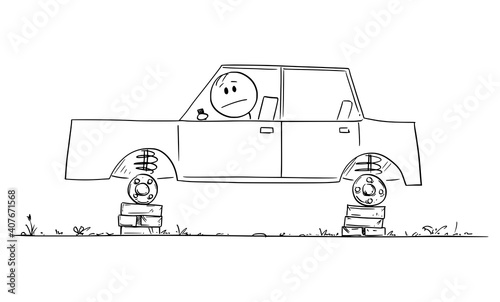 Driver or man trying to drive car without wheels, vector cartoon stick figure or character illustration.