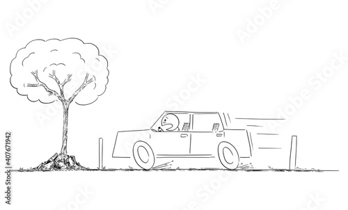 Car moving fast, tree is growing on the road, driver is shocked, nature obstacle, vector cartoon illustration.