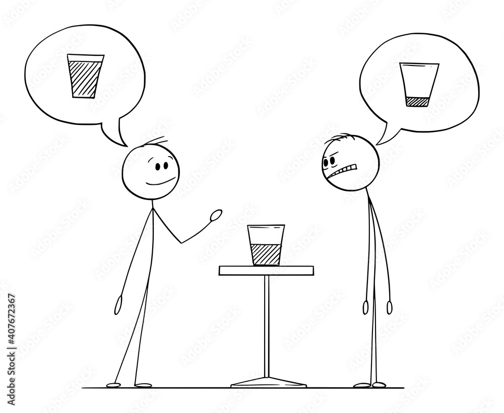 Two men are meaning if the glass with water is half full or half empty,  vector cartoon stick figure or character illustration. Stock Vector