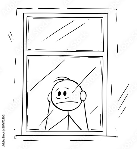 Frustrated or sad man looking through window, bored inside, vector cartoon stick figure or character illustration.