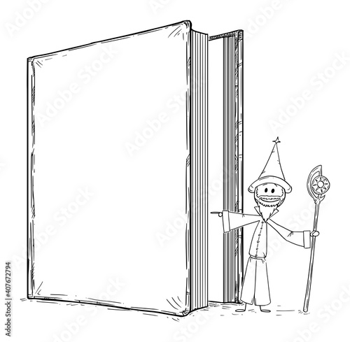 Fantasy or fairy tale wizard as book character is inviting readers to read his story and enter his world, vector cartoon stick figure or character illustration.