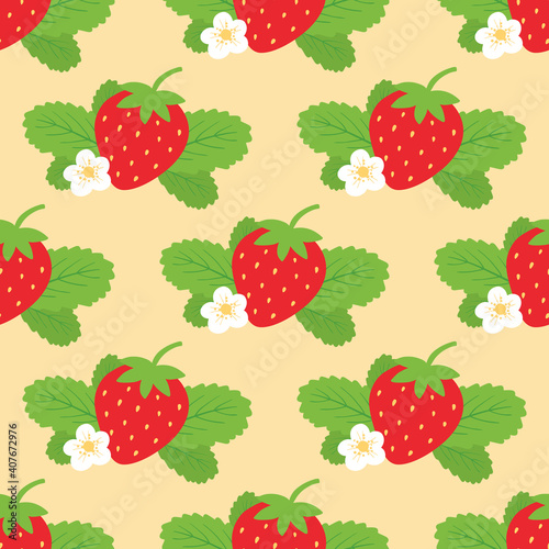 Red strawberry with green leaves and blossoming flower cartoon style vector seamless pattern background.