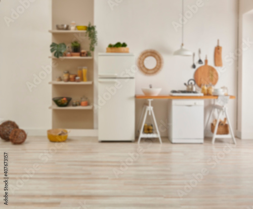 Kitchen carpet on the parquet style, decorative new refrigerator and dishwasher, shelf, mirror, lamp and vase of plant style. © UnitedPhotoStudio