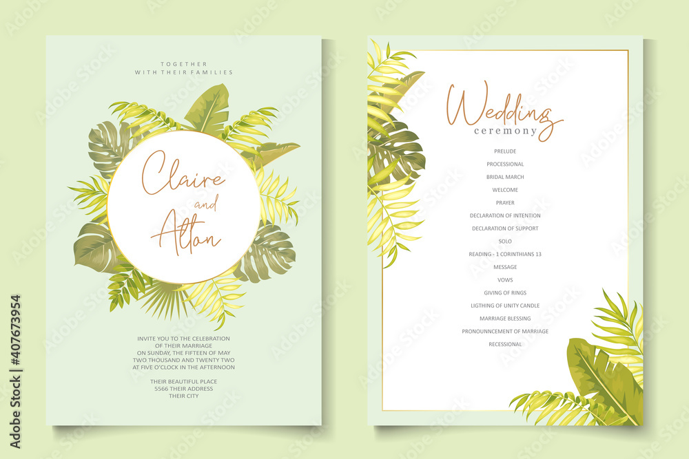 Wedding invitation design with tropical leaves