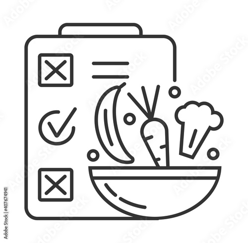 Diet plan icon vector in outline style. Planer with notes and a bowl of vegetables and fruits. Cauliflower, carrot, banana are shown.