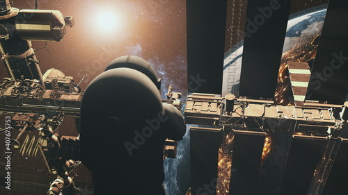 Spaceman researcher closeup: Iternational Space Station in open cosmos over Earth planet at sun light. Modern pressure spacesuit spacer explorer flight at zero gravity. NASA technology in 3D animation